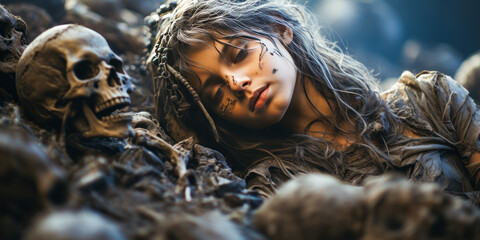 Young girl dying amidst ancient skeletons on the ground. - obrazy, fototapety, plakaty