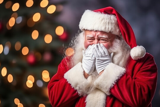 Portrait of elderly man with gray beard in Santa Claus costume is sad, crying, upset, covering his face with his hands on dark bokeh lights. Depression concept. Scared, nervous Santa. New Year