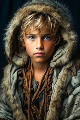Blond adolescent in winter outfit, Northern Europe, historical period.