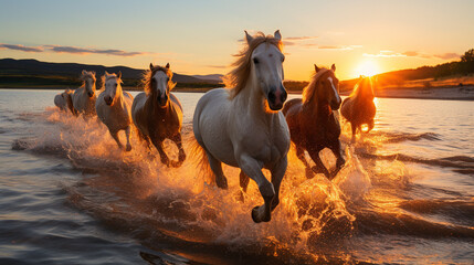 Dynamic Mustang Herd Galloping Against the Golden Sky at Sunset along beautiful sea coast beach landscape with stunning sun light. Group of wild horse running along beach. Generative AI - obrazy, fototapety, plakaty