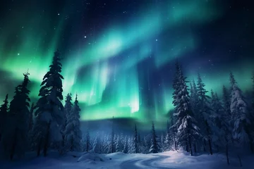 Fotobehang Northern lights in the forest. Aurora Borealis. Beautiful winter night landscape. © Alexandra Selina
