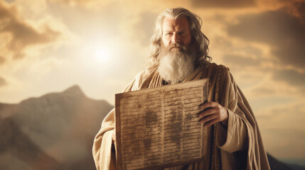 Moses holding the Ten Commandments, Biblical characters, blurred background - obrazy, fototapety, plakaty