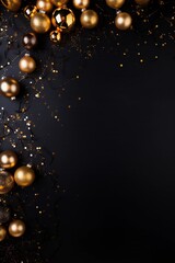 Black vertical background with gold Christmas balls and copy space. New Year, winter holidays. - obrazy, fototapety, plakaty