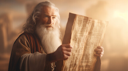 Moses holding the Ten Commandments, Biblical characters, blurred background - obrazy, fototapety, plakaty