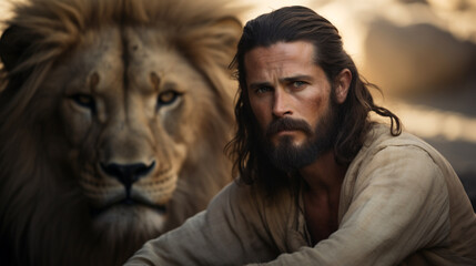 Daniel in the lion's den, Biblical characters, blurred background - obrazy, fototapety, plakaty