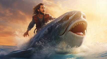 Jonah and the whale, Biblical characters, blurred background - obrazy, fototapety, plakaty