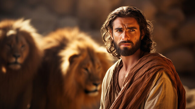 Daniel in the lion's den, Biblical characters, blurred background