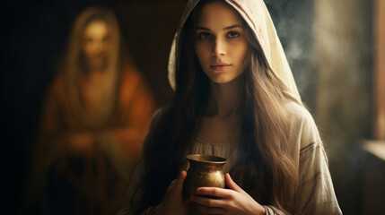 Mary Magdalene with an alabaster jar, Biblical characters, blurred background - obrazy, fototapety, plakaty