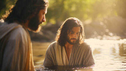John the Baptist baptizing Jesus, Biblical characters, blurred background - obrazy, fototapety, plakaty
