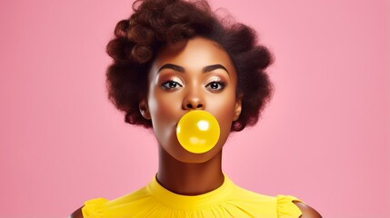 young and stylish african american woman chewing bubble gum at pink background, studio shot - obrazy, fototapety, plakaty