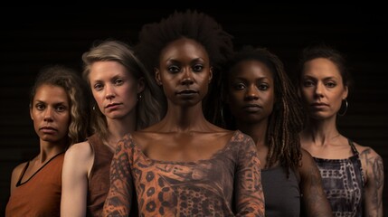 Fototapeta premium group of multiracial serious adult women looking at camera on black background, studio shot, multi-ethnic people concept
