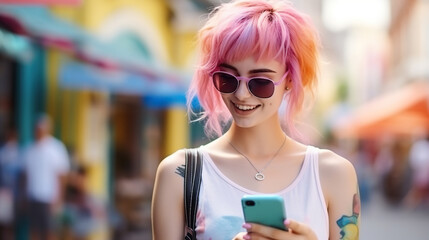 young beautiful teenager hipster girl with pink hair using mobile phone, modern gen z youth concept