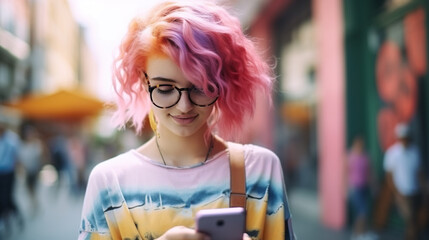 young beautiful teenager hipster girl with pink hair using mobile phone, modern gen z youth concept - obrazy, fototapety, plakaty