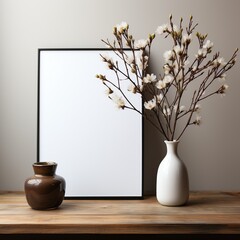 Nature-Inspired Still Life with Flowering Branch and Decorative Vase on Wooden Table