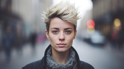 portrait of short hair lesbian or lgbt young woman, stylish hipster female face - obrazy, fototapety, plakaty