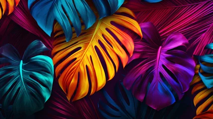 Zelfklevend Fotobehang Creative fluorescent color layout made of tropical leaves. Flat lay neon colors. Nature concept. © Muhammad