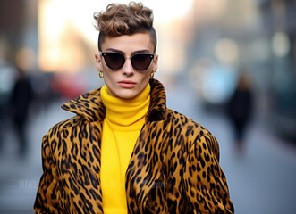Stylish Individual in Elegant Yellow Print Jacket: Epitome of Youthful Designer Fashion & Cool Vibes