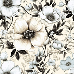 Fototapeta premium Smoky Black Flowers Botanical Watercolor Seamless Pattern For Print 