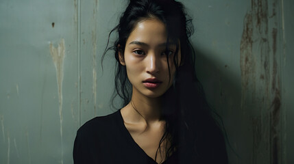 beautiful asian brunette woman in black suit, young japanese or chinese female, studio shot