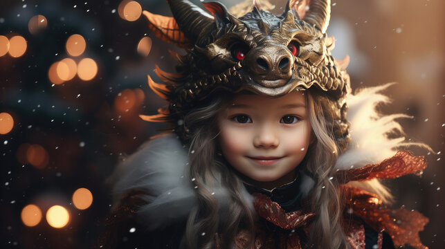 Portrait of a beautiful cute Japanese girl dressed as a dragon on a bokeh background