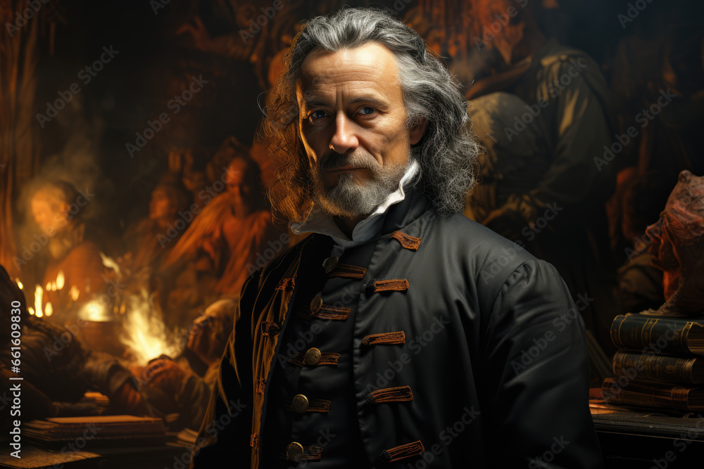 Poster a thought-provoking artwork showing various versions of historical figures coexisting in a parallel 