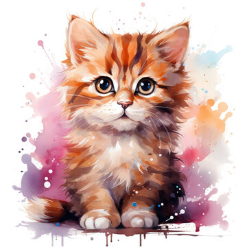 Watercolor cute kitten, cat, sketch illustration art, stains, splashes. Poster, card, postcard, background, sticker, print, wallpaper, furry animal, generative AI