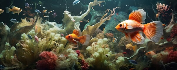 Fototapeta na wymiar Fish in freshwater aquarium with beautiful planted tropical. Colorful back