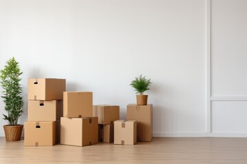 Preparing for a move: stacked boxes and vibrant plant near a pristine wall