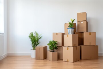 New beginnings signaled by boxed household items in a white spacious lounge