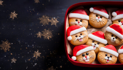 Fototapeta na wymiar Funny Cat in Red Santa Hat Christmas sugar cookies gift box on festive dark background. Horizontal, top view.