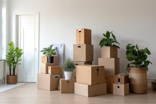 New beginnings: pile of moving boxes and fresh greenery against a white backdrop