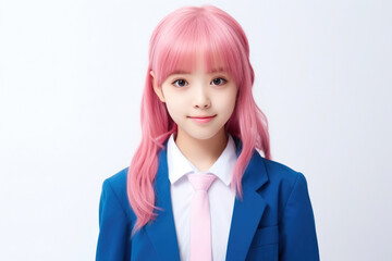 Smiling Japanese Student with Pink Hair in a Bright School Uniform