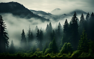 Mountain and fog landscape with pine forest