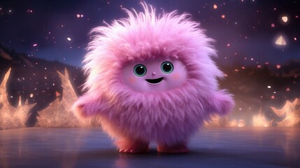 Fluffy pink monster dancing under the stars, cute monster 3d