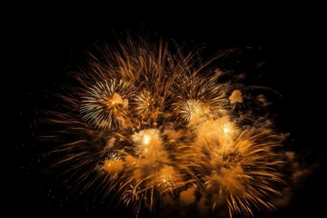 explosive gold fireworks illuminate the night sky. Generative AI