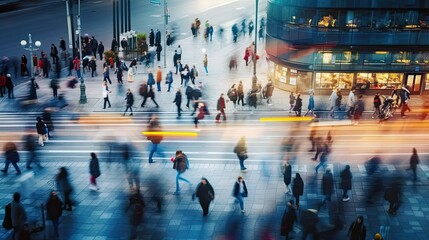 Obraz premium Blurred people walking down a city street. Concept of fast modern life. Human crowd in moves in dynamics. AI Generated