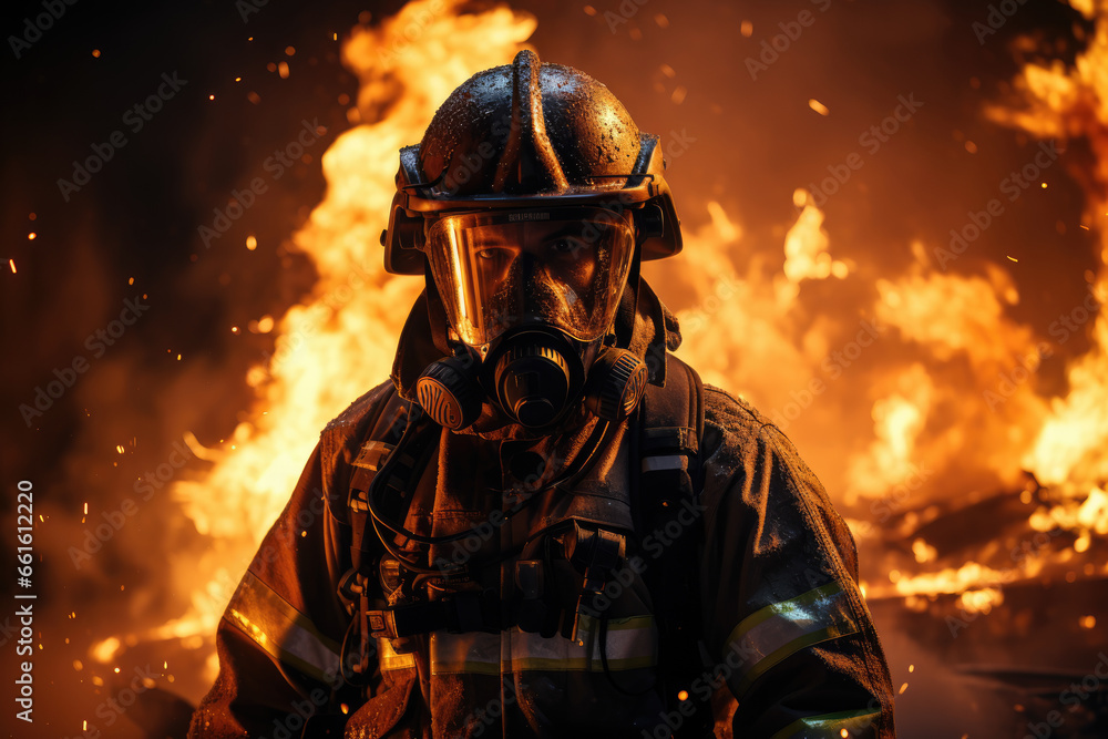 Poster a fireman in action, demonstrating the courage and preparedness required to manage risks in emergenc
