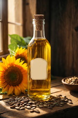 Bottle with oil, sunflower flower