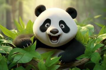 Playful baby panda, chubby cheeks and bamboo-loving smile.