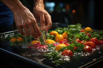 A person washing fruits and vegetables under running water to remove contaminants and practice food hygiene. Concept of food washing. Generative Ai. - obrazy, fototapety, plakaty