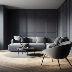 Scandinavian living room, where a sleek grey chair and round coffee table sit near a corner sofa against a dark grey paneling wall. The modern design is brought to life with clean lines