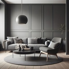 Scandinavian living room, where a sleek grey chair and round coffee table sit near a corner sofa against a dark grey paneling wall. The modern design is brought to life with clean lines