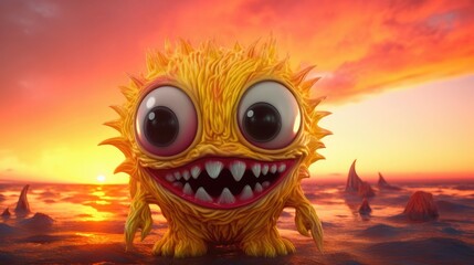 Tiny yellow monster painting a vibrant sunset, cute monster 3d