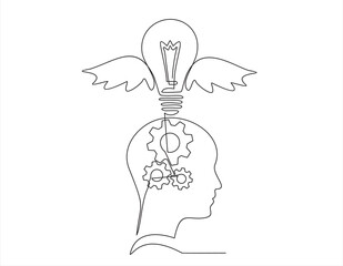 Continuous one line drawing of man  head  with with gears inside and lightbulb with wings as line drawing on white background. Vector