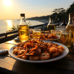 kimchi against the background of the beautiful coast of South  Koreaat sunset on the restaurant terrace