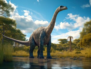 Fototapeta premium Massive Sauropod Dinosaurs in Late Jurassic Wetland: Stunning 3D Rendering of Argentinosaurus and Brachiosaurus