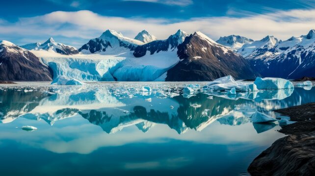 Melting Glacier with Mountain Range Viewed from Cruise Ship in Alaska's Glacier Bay - Global Warming and Climate Change Concept Stock Image.