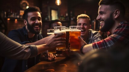 Joyful Men Toasting with Beer in a Lively Bar - Celebrating Friendship and Good Times