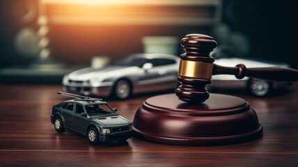 Legal Justice in Hobby and Leisure: Car Accident Insurance Court Case with Judge's Gavel and Copy Space - obrazy, fototapety, plakaty