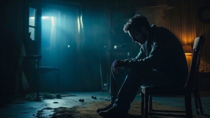 Lonely Man Sitting in a Dark Room, Searching for Hope through the Light of a Window in a Mental Health Crisis